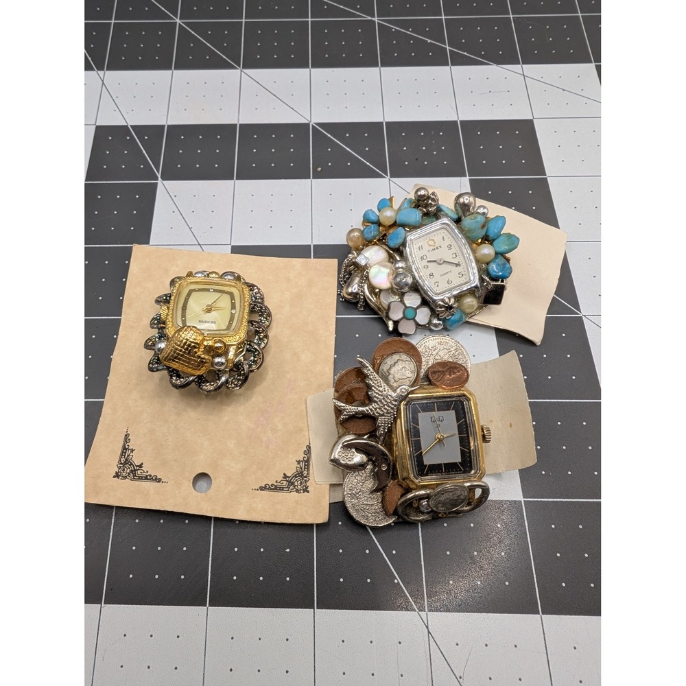 Handmade Statement PIece Watch Brooch Lot 3 gemstones fake coins kitschy * read